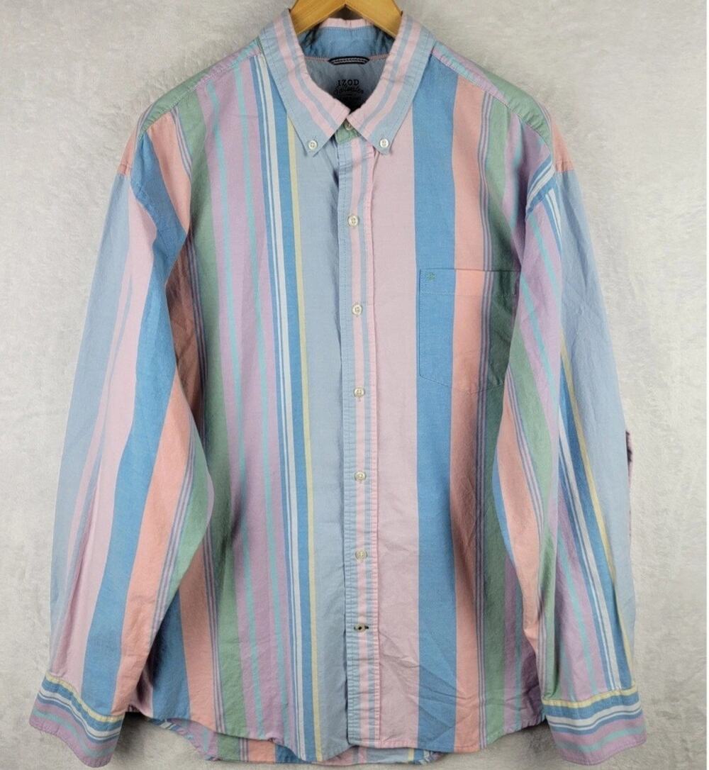 Men Long Sleeve Shirt Button Down Collar Pocket Stripe Dad Office Preppy Izod XL